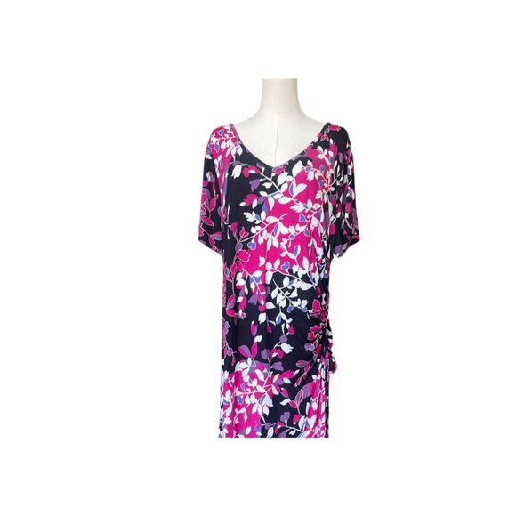 Lane Bryant Dark Floral Maxi Dress Size 18/20 Asymmetrical Hem Short Sleeve - Picture 2 of 10